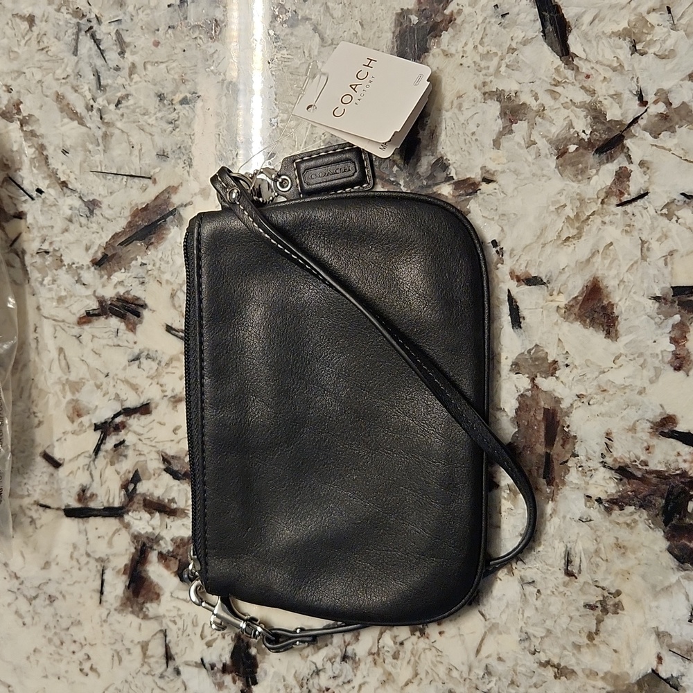 Coach Solid Black /Silver Leather Small Wristlet NWT